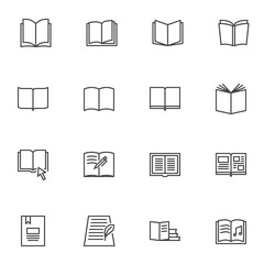 Book reading line icons set. linear style symbols collection, outline signs pack. Open book pages vector graphics. Set includes icons as educational literature, bookstore, textbook, notebook, ebook