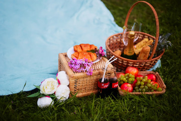 Picnic basket filled with fruit , bread and jar with apricot jam on beige plaid.
