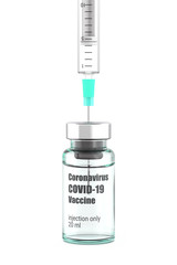 Vial with COVID-19 Coronavirus Vaccine and Syringe for Injection. Clear Glass Medicine Bottle with Cap Pierced by Needle. 3D Render Isolated on White Background.