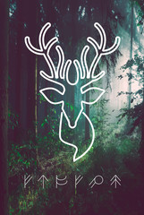 nordic poster deer contour outline forest trees 
