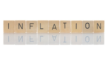 Inflation, Monetary devaluation due to sustained increases in the price level of goods and services."Inflation" as a word isolated on white background. Germany
