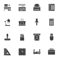 Office supplies vector icons set, modern solid symbol collection, filled style pictogram pack. Signs, logo illustration. Set includes icons as workspace, pc computer, fax printer, telephone, desk lamp
