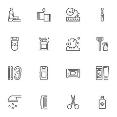 Personal hygiene line icons set. linear style symbols collection, outline signs pack. vector graphics. Set includes icons as oral hygiene, toothpaste and brush, liquid soap bottle, cotton swab, comb