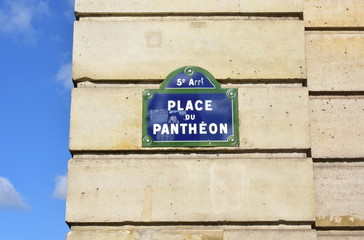 Place du Pantheon street sign close-up. Paris, France.