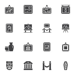 Museum exhibits vector icons set, modern solid symbol collection, filled style pictogram pack. Signs, logo illustration. Set includes icons as paintings, ancient vases, museum building, mummy, mask