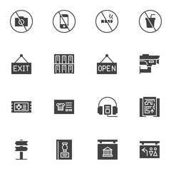 Museum control system vector icons set, modern solid symbol collection, filled style pictogram pack. Signs logo illustration. Set includes icons as prohibition signs, lockers, cctv camera, guide book