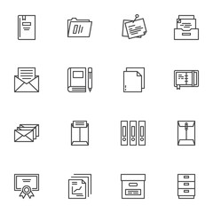 Office document line icons set. linear style symbols collection, outline signs pack. vector graphics. Set includes icons as office folders, envelope mail, portfolio box, paper document, cupboard