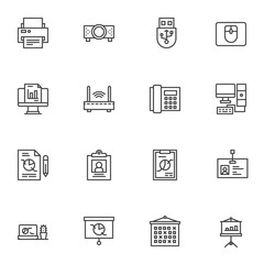 Office tools line icons set. linear style symbols collection, outline signs pack. vector graphics. Set includes icons as printer, projector screen, computer mouse, wifi modem, telephone fax, documents