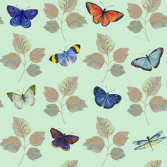 Seamless pattern with bright butterflies and branches on a green background. Botanical colorful pattern for wrapping paper. Butterflies fly.