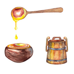 Illustration of colorful wooden dishes and containers for storage and eating  honey. Ladle, barrel and bowl. Watercolor hand painted isolated elements on white background.