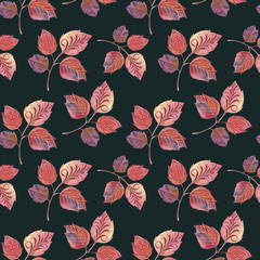 Bright red leaves on a green background. Botanical seamless pattern for design, print, fabric. Abstract botanical art. Colorful art background.