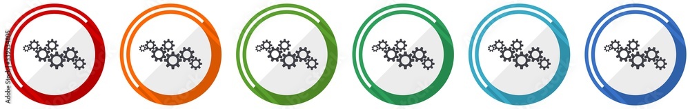 Poster cogwheel engineering icon set, flat design vector illustration in 6 colors options for webdesign and