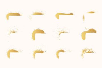 Set of golden spray paint corners for text. Hand drawn gold airbrush border. Grunge background. Vector isolated stencil illustration. 