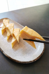 Japanese tamago sashimi sweet egg serve in japanese resturant arrange as rabbit style