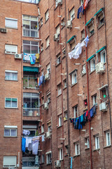 Facade of apartment block in Madrid city, Spain