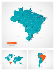 Editable template of map of  Brazil with marks. Brazil  on world map and on South America map.