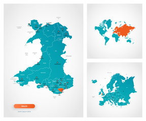 Obraz premium Editable template of map of Wales with marks. Wales on world map and on Europe map.