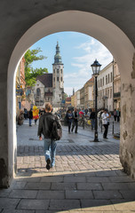 View of Grodzka street and  St. Andrew's Church in Krakow Old town