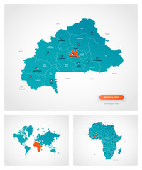 Editable template of map of Burkina Faso with marks. Burkina Faso  on world map and on Africa map. - obrazy, fototapety, plakaty