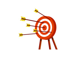 Target for arrows. Business concept several attempts. Shooting and championship. Cartoon flat illustration. Hit and miss on target. Red and white aim. Competition and victory
