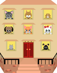 Pets hotel. Shelter for pets. Big-eyed cute faces. High-rise building. Cats and dogs. Puppies and kittens. Rabbit, rat and hamster. Guinea pig and mouse.