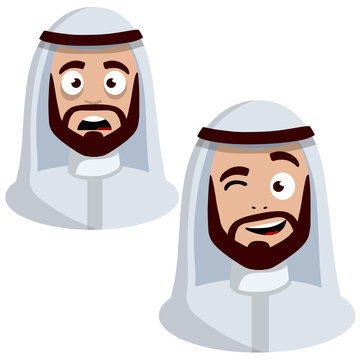 Smiling and sad face of Arab man in white national dress. Avatar for social network. Middle Eastern guy with a beard. Cartoon flat illustration