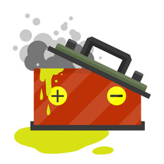 Broken car battery. rechargeable electricity accumulator. Damaged object. Gray smoke and green acid. Leaked electrolyte. Cartoon flat illustration. Breakdown and accident. Element of auto