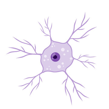 Blue neuron cell. Brain activity and dendrites. Scientific cartoon illustration. Membrane and the nucleus. Microbiology and mind