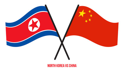 North Korea and China Flags Crossed And Waving Flat Style. Official Proportion. Correct Colors