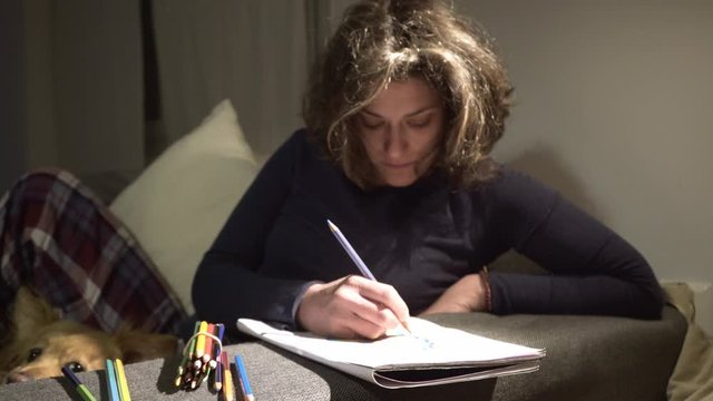 Footage of caucasian woman painting on paper with coloured pencils on a couch at home, with a small dog relaxing on her legs