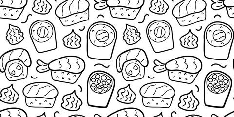 Sushi doodle pattern, linear hand drawn illustration, vector ornament for wrapping paper for restaurant, various sushi rolls, maki, philadelphia and nigiri. Black and white outline background