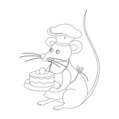 Animals and professions. Mouse-cook, mouse-baker with a cake in its paws. Coloring book for children. Linear image