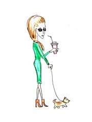 Hand drawn sketch of young woman standing and walking with small dog and drinking coffee Isolated On white