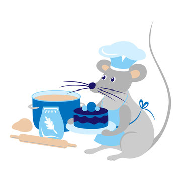 Animals and professions. Mouse-cook, mouse-baker with a cake in its paws. Color vector image