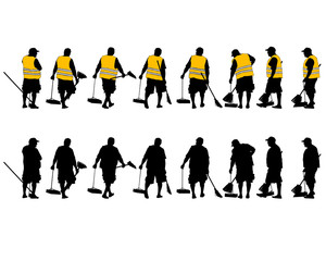 Janitor in orange vest with a broom is working on the street. Isolated silhouette on a white background