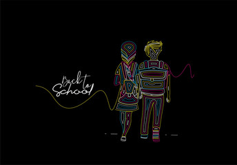 Back To School Calligraphic 3d Style Text with Boy and girl with school bags behind the back Vector illustration Design.