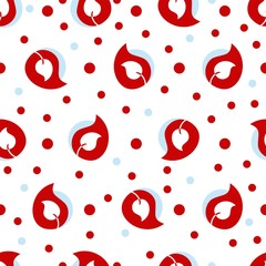 Seamless pattern with red leaves and polka dots. Vector illustration.
