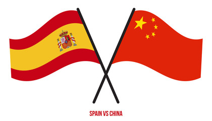 Spain and China Flags Crossed And Waving Flat Style. Official Proportion. Correct Colors