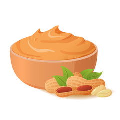Bowl peanut butter.Nut spread.Realistic vector illustration.Healthy nutrition. Food for vegans and vegetarians.