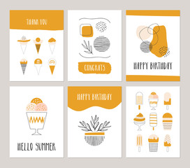 Set of cute cards with ice cream illustration. Abstract contemporary design. Happy birthday, thank you, congrats. Vector.
