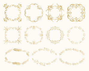 Vintage golden borders. Filigree and flourishes elements. Vector isolated illustration.