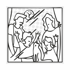 Quarantine. Family sitting together at the window of the house. People in self-quarantine, virus protection. Vector illustration doodle drawing style