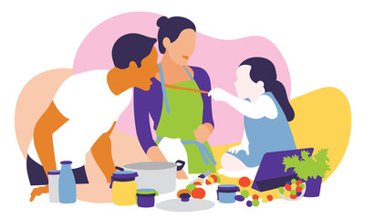 The family is cooking happy in the holidays. Vector illustration.