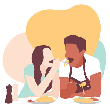 Lovers eating pasta at the festival of love. Vector illustration.