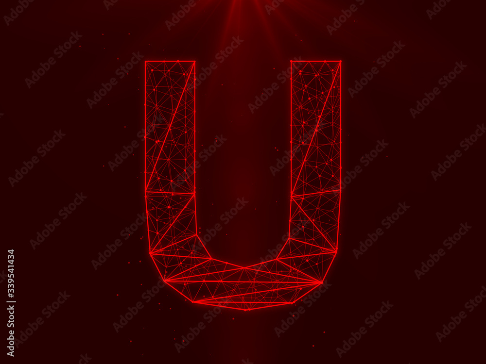 Poster letter u - futuristic letter symbol polygonal wireframe connections between dots and lines and red l