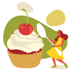 Girl holding her spoon and delicious cupcakes. Vector illustration.