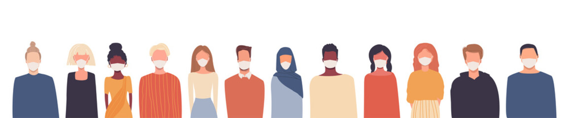 Multiethnic group of people wearing medical masks. Global problem. Disease epidemic, coronavirus COVID-19 infection, air pollution. Quarantine. Vector illustrations in flat style isolated on white