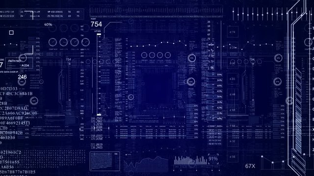 Looping HUD technological User Interface. SciFi screens with HUD elements and Digital Infographic.The Camera follow through the seamless animated HUD screens.Blue.