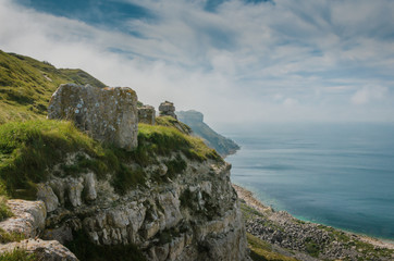 The cliffs of the Jurassic coast, Isle of Portland, Portland, Dorset, UK on a hazy and sunny Summer morning