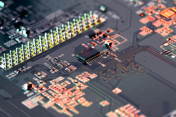 Electronic circuit board close up.